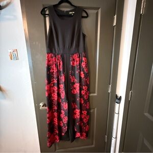 Sleeveless Black dress pants with overlay Red Floral Skirt